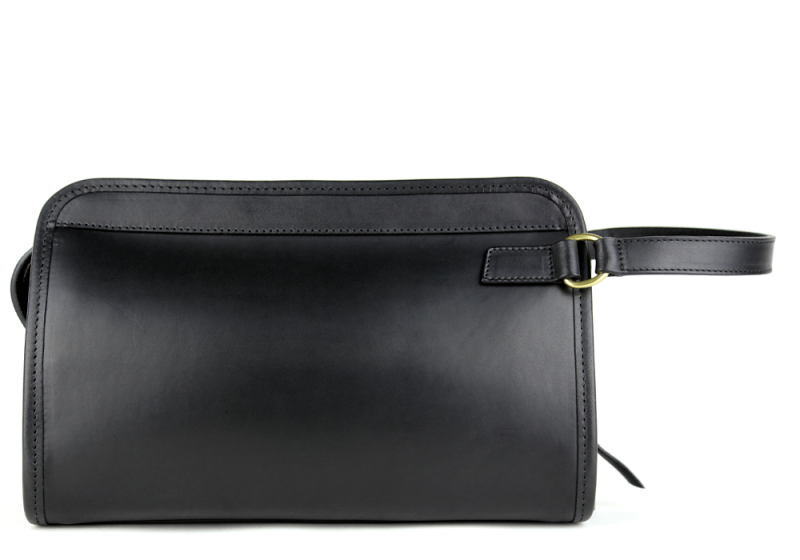 Small Travel Kit - Belting Black - Shrunken Grain Black Trim - Houndstooth Lining in harness belting leather