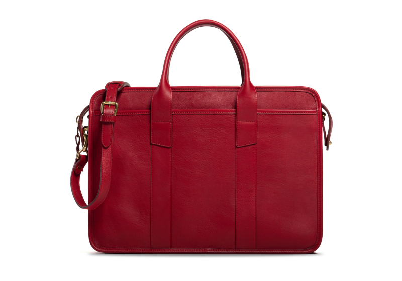 Bound Edge Zip-Top Briefcase -Red in smooth tumbled leather