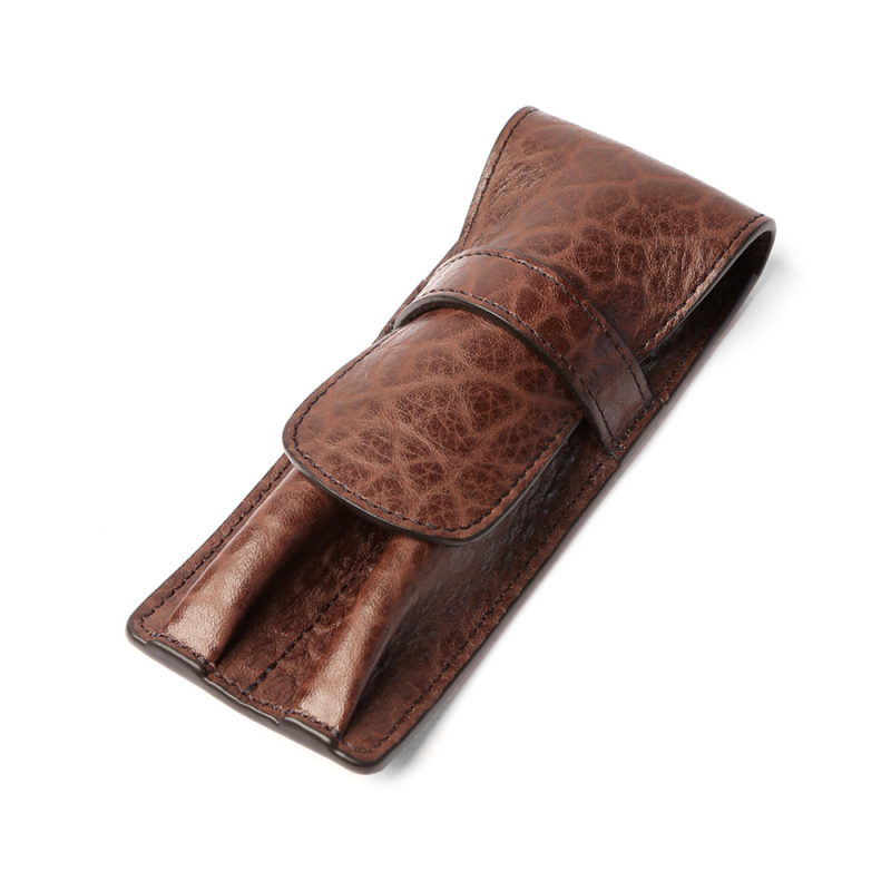 Double Fountain Pen Case-Chocolate in shrunken grain leather