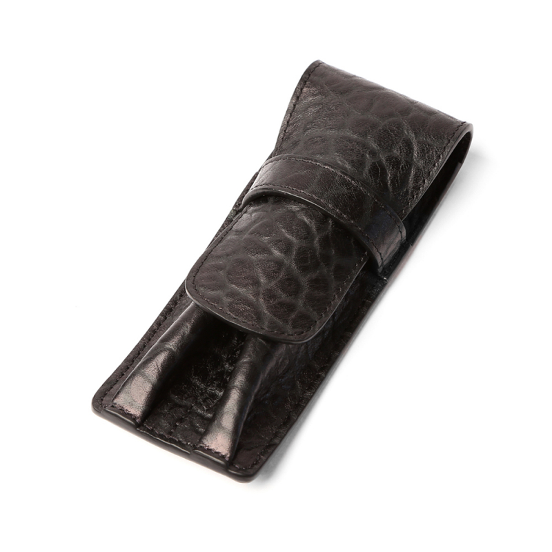 Double Fountain Pen Case-Black in shrunken grain leather