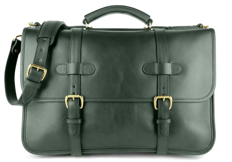 Bound Edge English Briefcase-Green in smooth tumbled leather