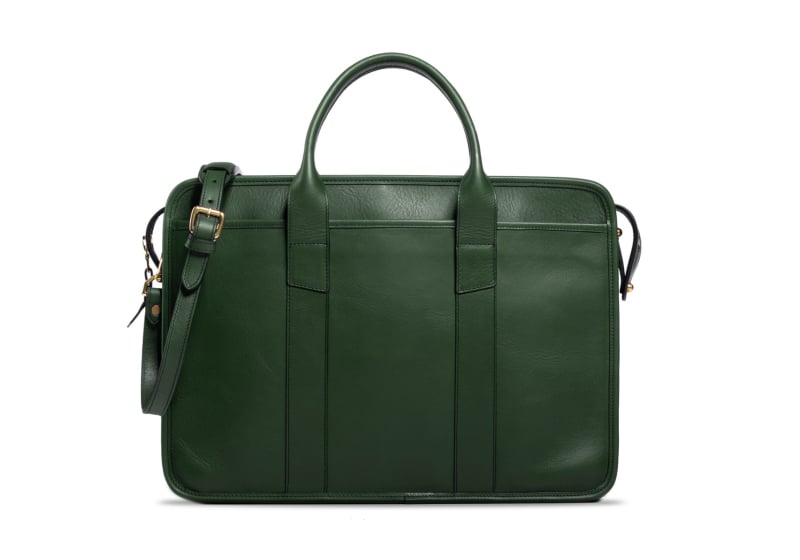 Bound Edge Zip-Top Briefcase -Green in smooth tumbled leather