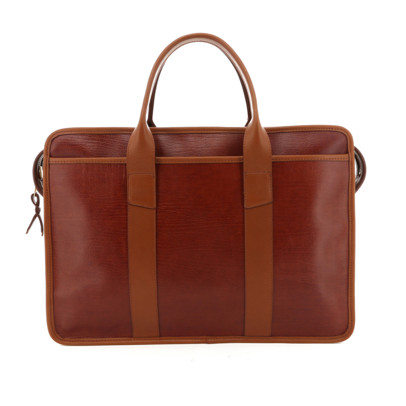 Bound Edge Zip-Top Briefcase - Henna / Cognac Trim - Tumbled Leather in 