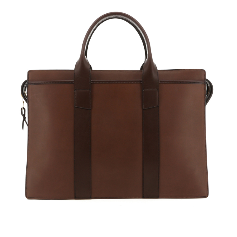 Double Zip-Top Briefcase - Light Brown/Chocolate Trim - Belting in 