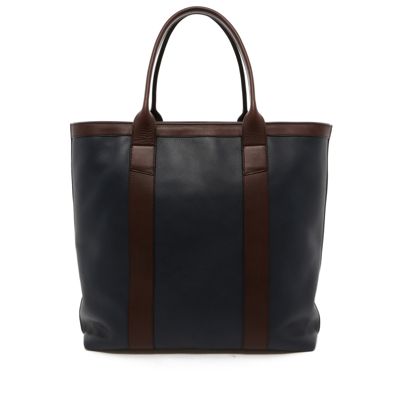 Tall Tote - Navy/Chocolate Trim - Zipper Top - Tumbled Leather in 