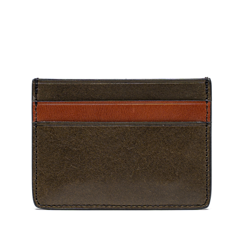 Double Card Wallet - Dark Olive/Cognac - Tumbled Leather in 