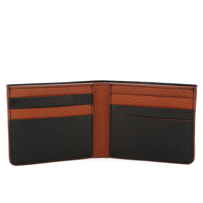 Bifold Wallet - Cognac/ Glossy Black - Pebbled Leather in 