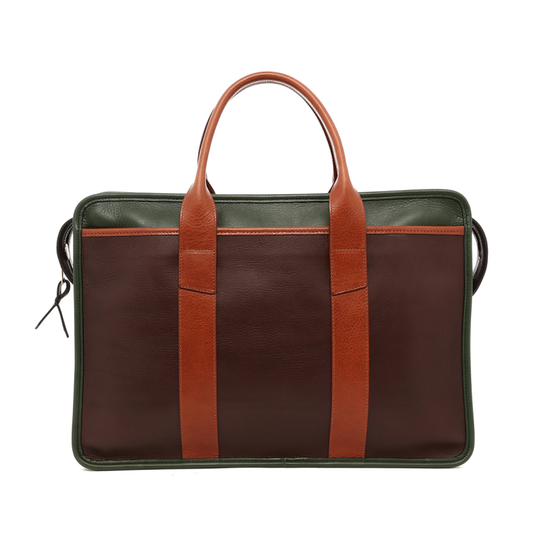 Bound Edge Zip-Top - Chocolate/Cognac/Green - Tumbled Leather in 