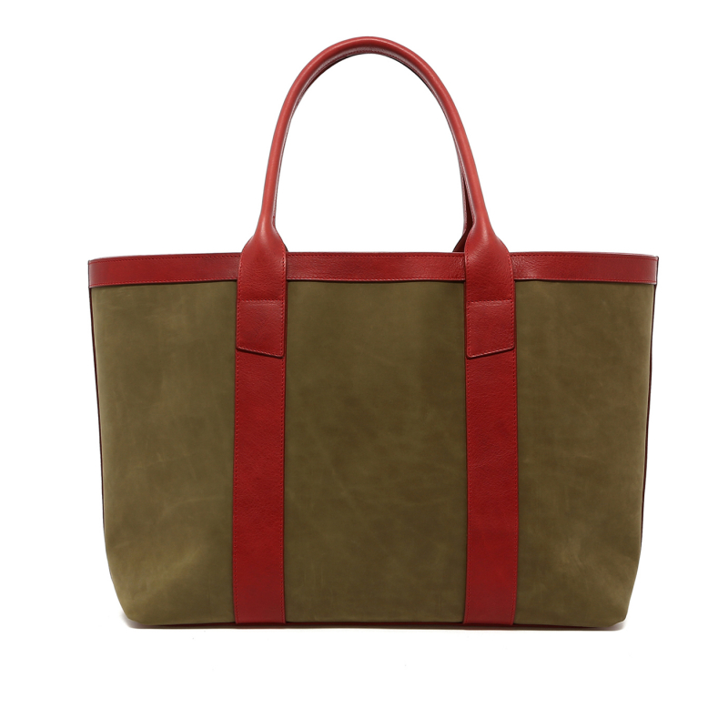 Large Working Tote - Sage Green/Cranberry - Nubuck/Tumbled Leather in 