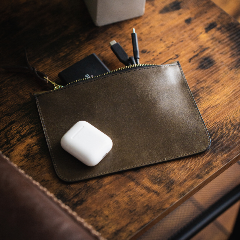 Small Leather Pouch - Dark Olive - Smooth Tumbled Leather  in 
