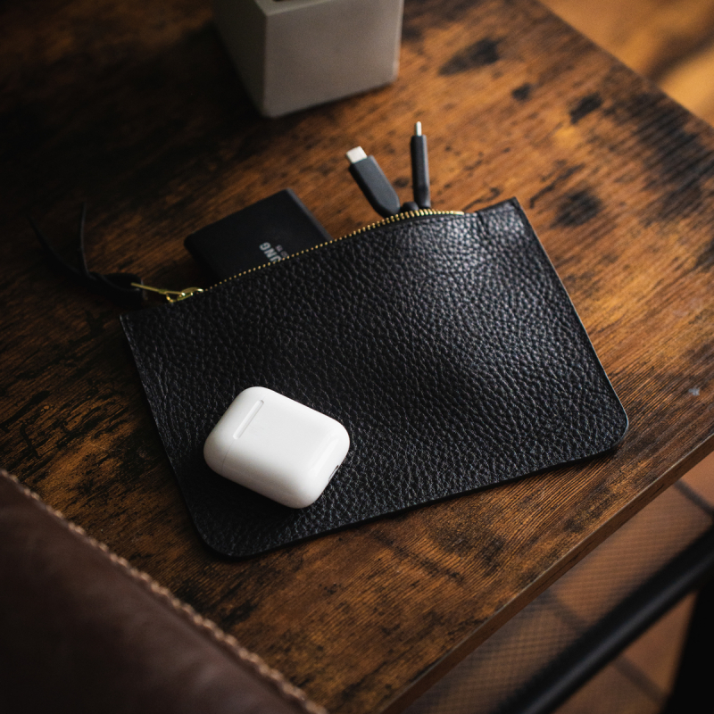 Small Leather Pouch - Black - Soft Pebbled Leather in 
