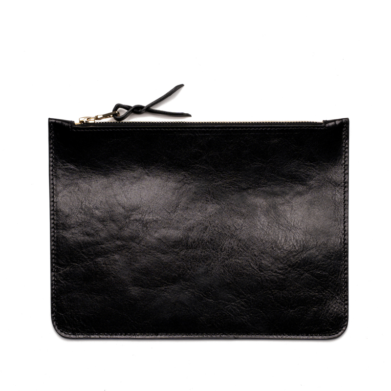 Medium Leather Pouch - Glossy Black - Smooth Tumbled Leather  in 