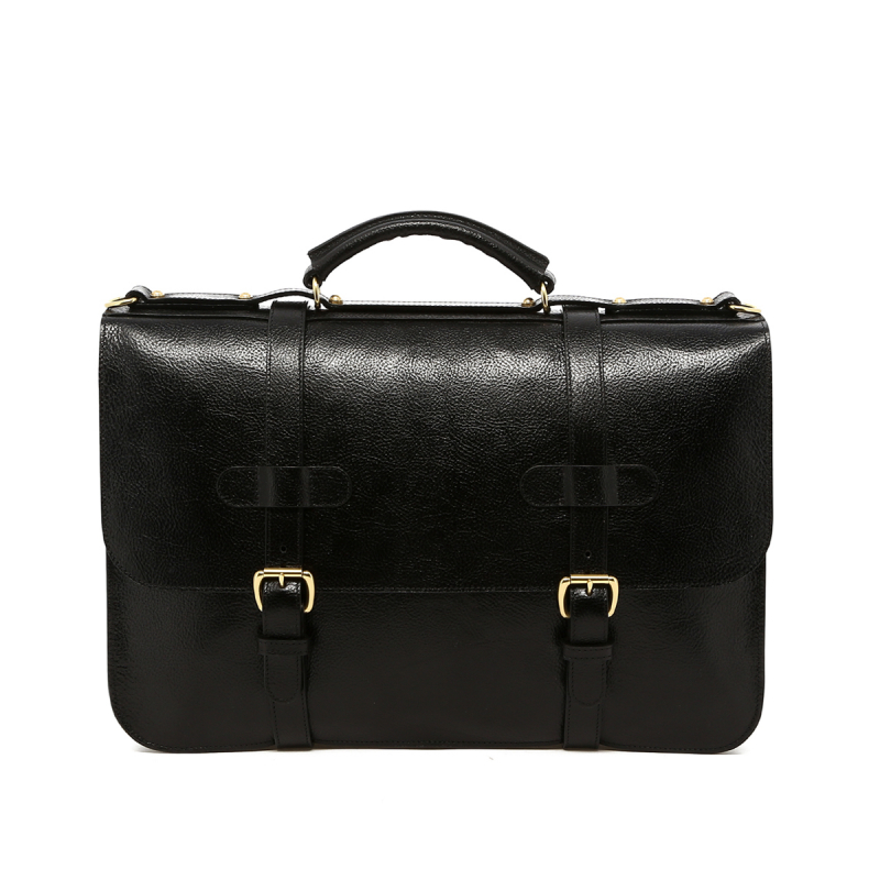 English Briefcase - Black - Glossy Tumbled Leather in 