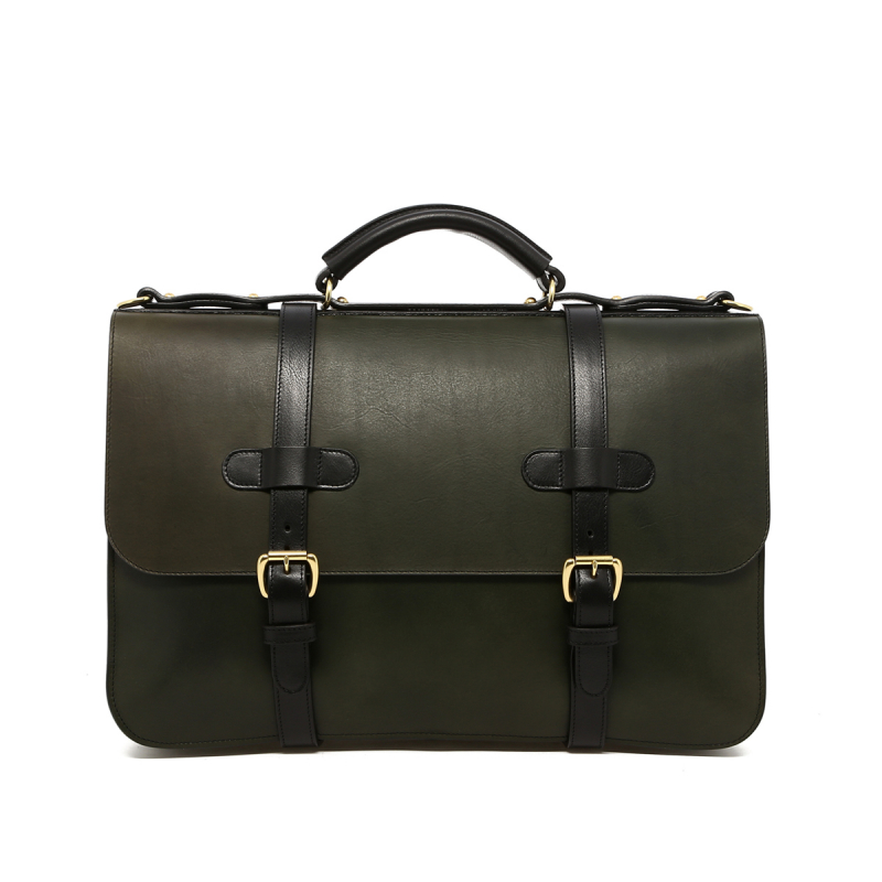 English Briefcase - Green/Black - Tumbled Leather in 