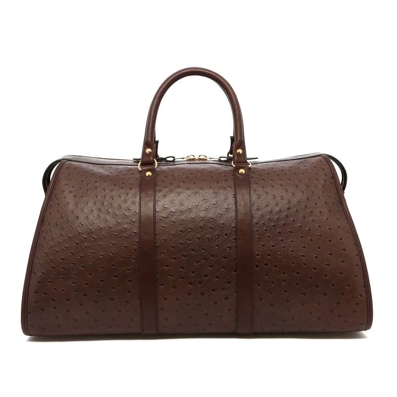 Hampton Duffle - Taupe Grey/Chocolate - Ostrich Print Leather  in 