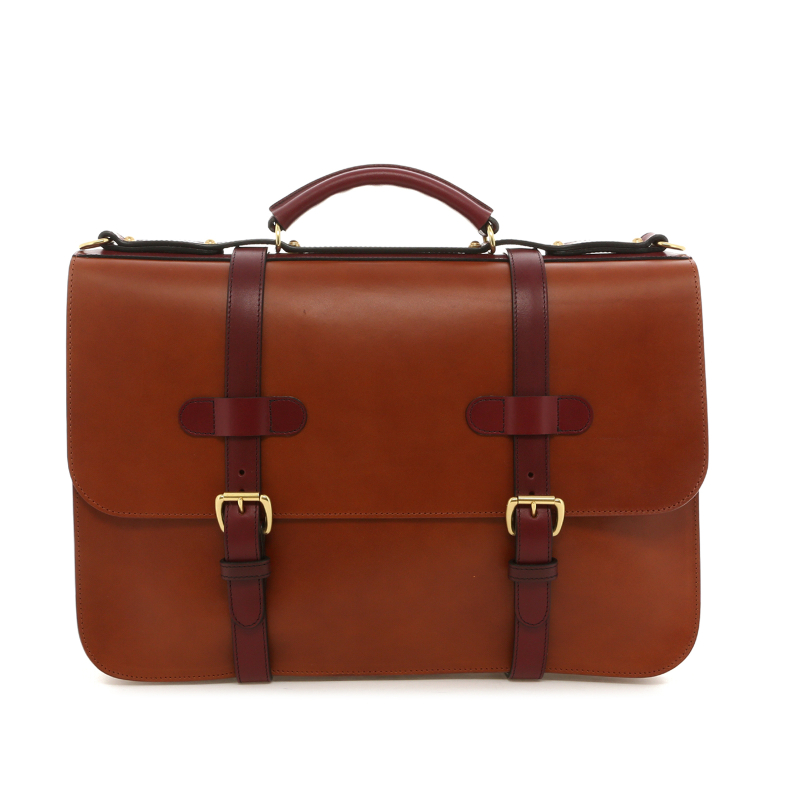 English Briefcase - Bombay Brown/ Maroon - Harness Belting - Unlined in 