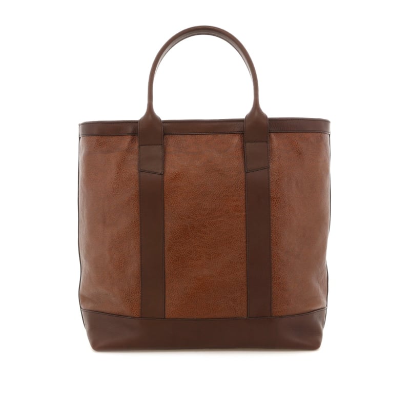 Tall Tote - Glazed Root Beer/Chocolate - Glazed  Pebbled Leather  - Zipper Closure - Sunflower Sunbrella
 in 