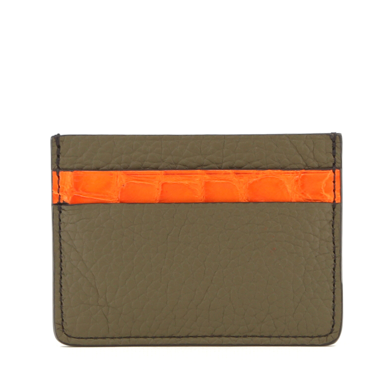 Double Card Case - Forest Taurillon / Orange Alligator - Chocolate Interior in 