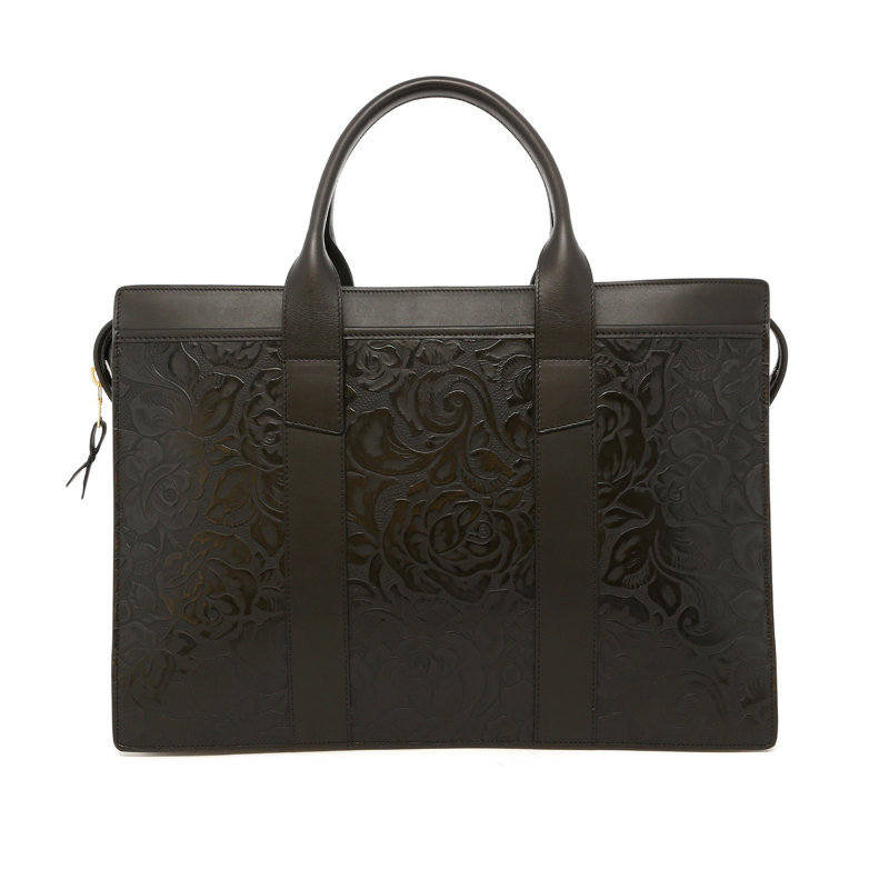 Double Zip-Top Briefcase - Black - Printed Tooled Leather in 