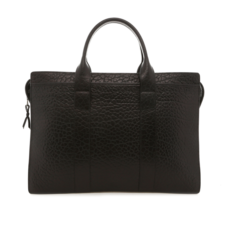 Double Zip-Top Briefcase - Black - Shrunken Grain Leather - Silver Zipper  in 