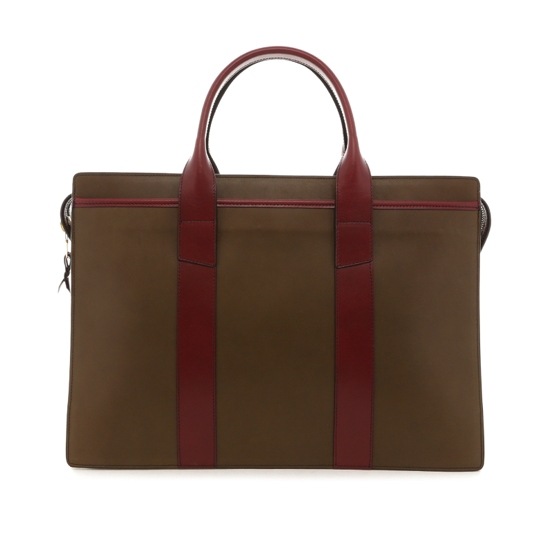 Double Zip-Top Briefcase - Olive/Maroon - Belting Leather  in 