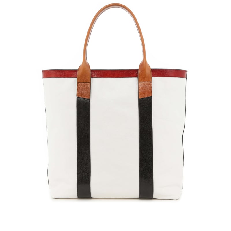 Tall Tote - White/Mix Colors - Glossy Tumbled Leather - Zipper Closure- Mediterranean Blue Sunbrella in 