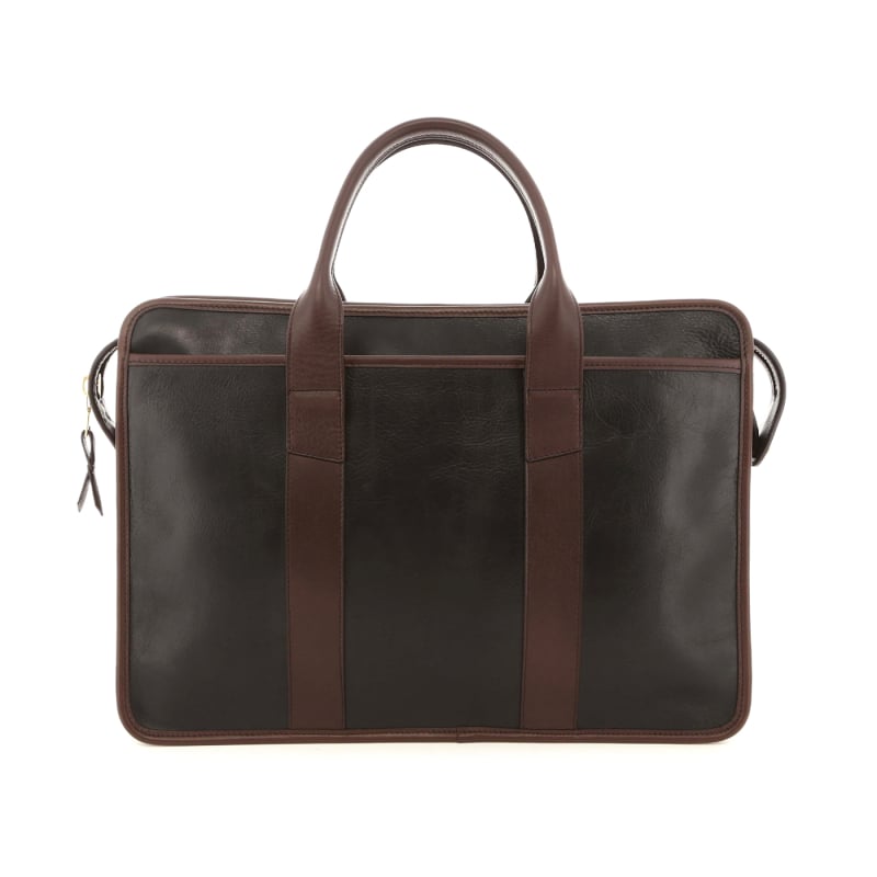 Bound Edge Zip-Top Briefcase - Black/Chocolate - Sporadic Tumbled Leather in 