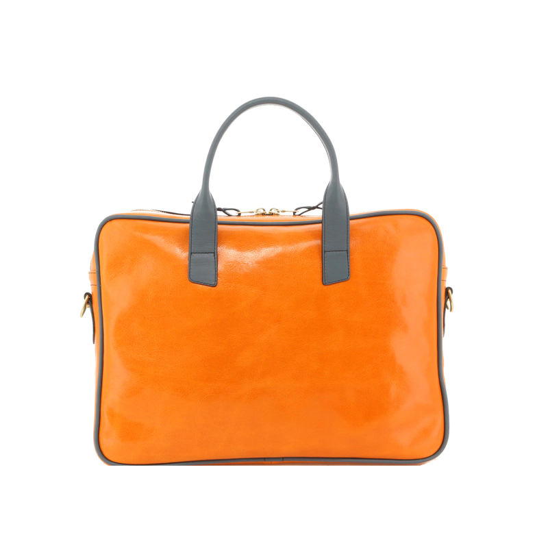 Computer Briefcase - Sun Orange/Navy - Glossy Tumbled Leather in 