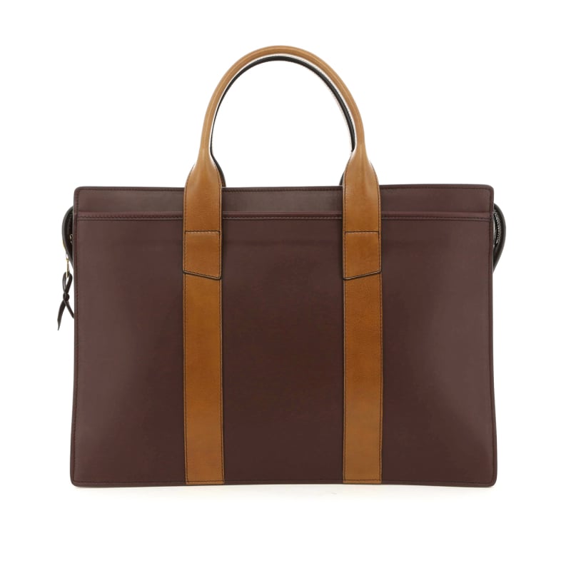 Double Zip-Top Briefcase - Chocolate/Metal Bronze - Harness Belting Leather in 