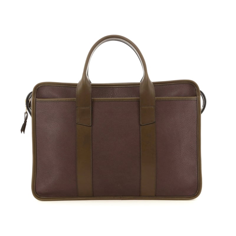 Bound Edge Zip-Top Briefcase - Brown Goatskin / Olive Tumbled Leather in 