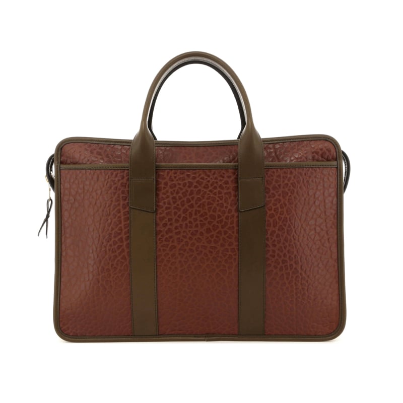 Bound Edge Zip-Top Briefcase - Chestnut/Olive - Shrunken Grain Leather in 