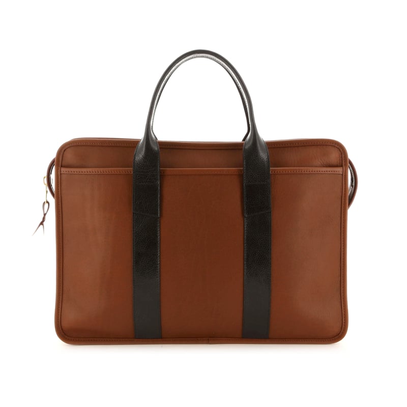 Bound Edge Zip-Top Briefcase - Cognac/Licorice - Tumbled Leather in 