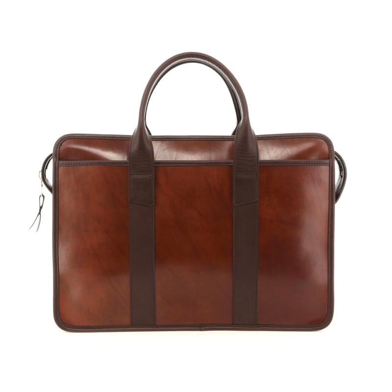 Bound Edge Zip-Top Briefcase - Glossy Smooth Brown Leather/Chocolate Tumbled Leather in 