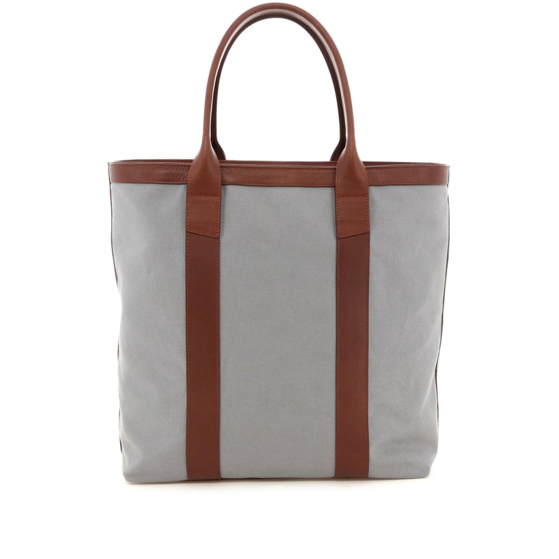 Tall Tote - Grey Canvas / Chestnut Tumbled Leather - Zipper Closure - Mediterranean Blue Sunbrella in 