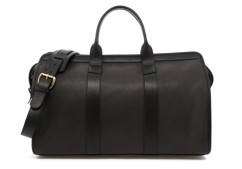 Custom Gym Duffle - Goatskin - Black - Silver Hardware - Ocean Blue Sunbrella - 2 x Interior Zipper Pockets in goat skin