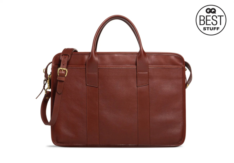 Bound Edge Zip-Top Briefcase -Chestnut in smooth tumbled leather