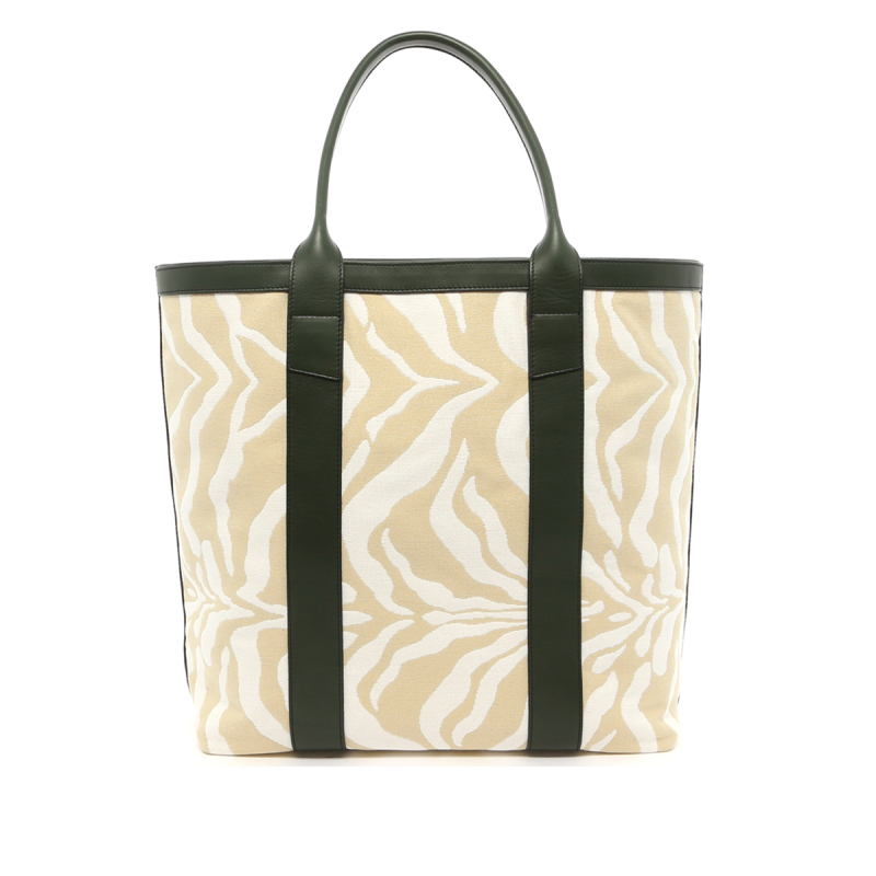 Tall Tote - Beige/Cream Zebra Canvas - Green Trim in 