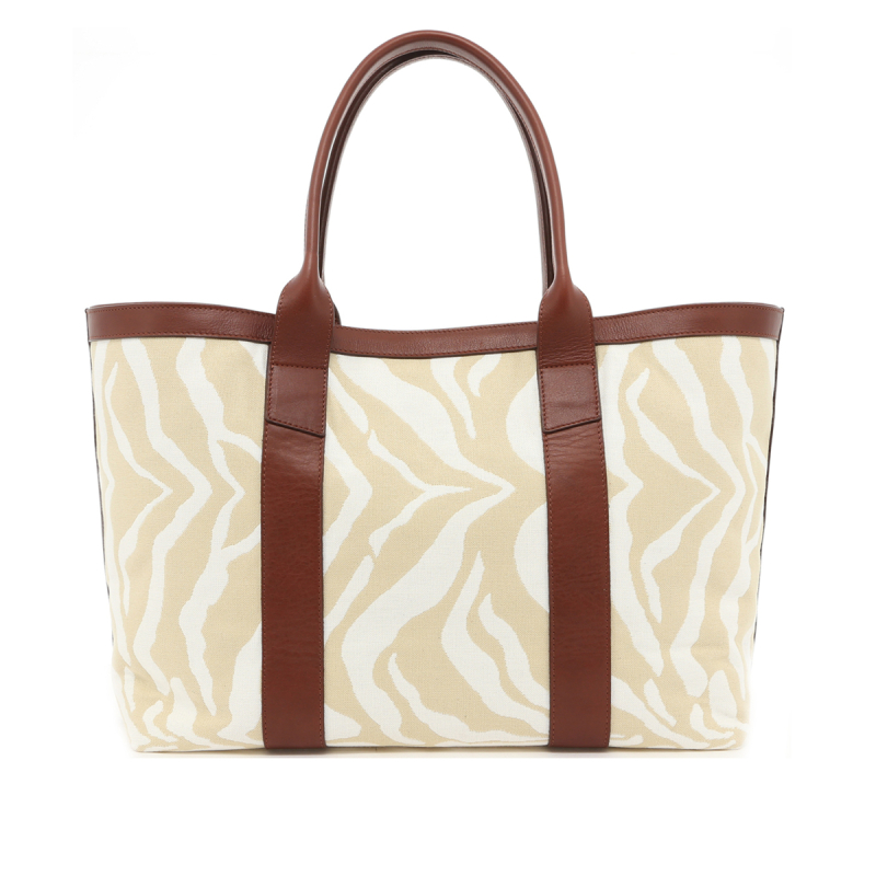 Large Working Tote - Beige/Cream Zebra Canvas - Chestnut Leather Trim in 