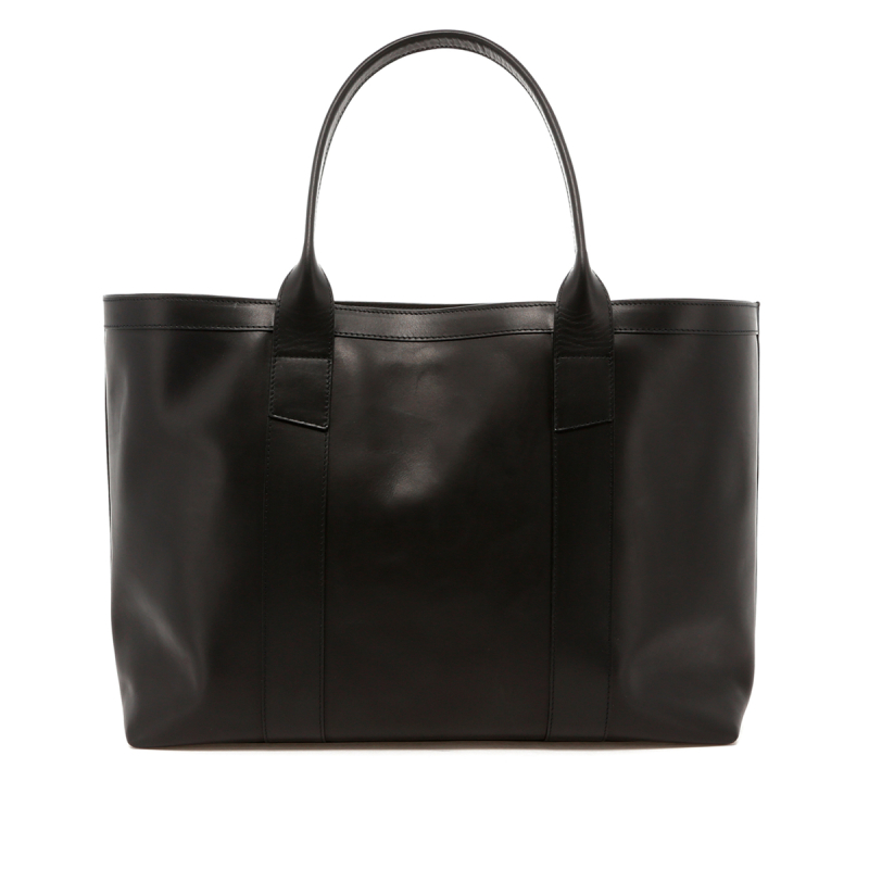 Large Working Tote - Black Leather - Striped Sunbrella Lining in 