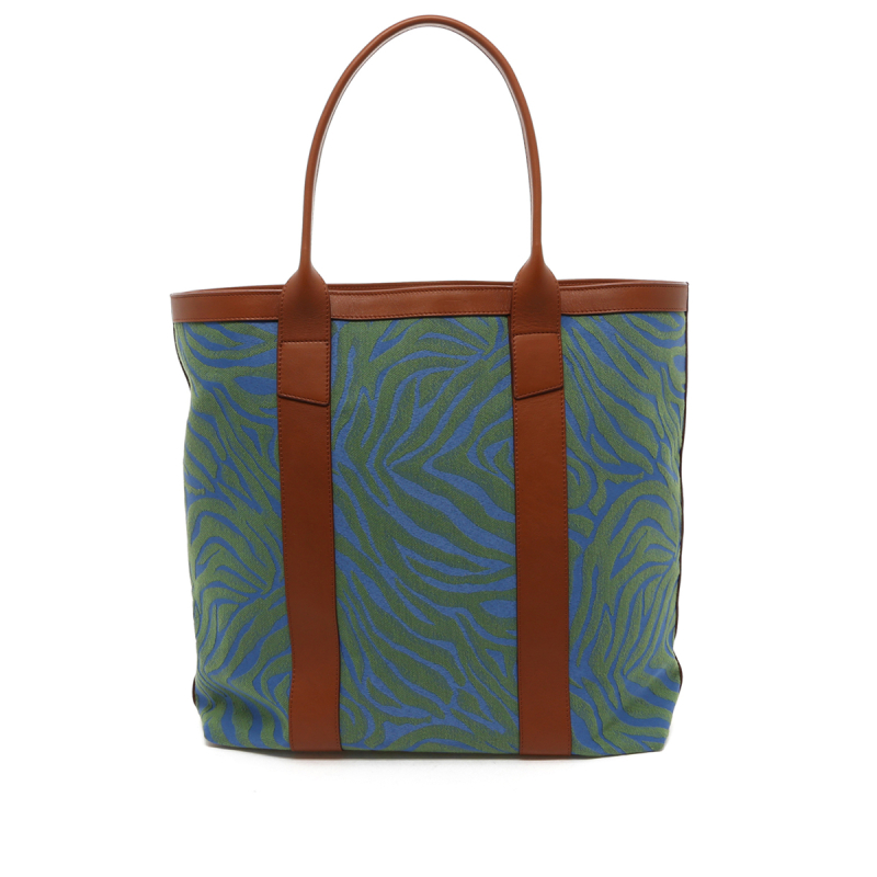 Tall Tote - Blue/Green Animal Print Canvas - Cognac Trim in 