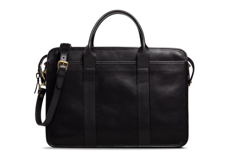 Bound Edge Zip-Top Briefcase -Black in smooth tumbled leather