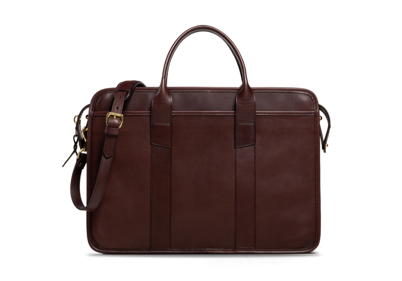 Bound Edge Zip-Top Briefcase -Chocolate in smooth tumbled leather