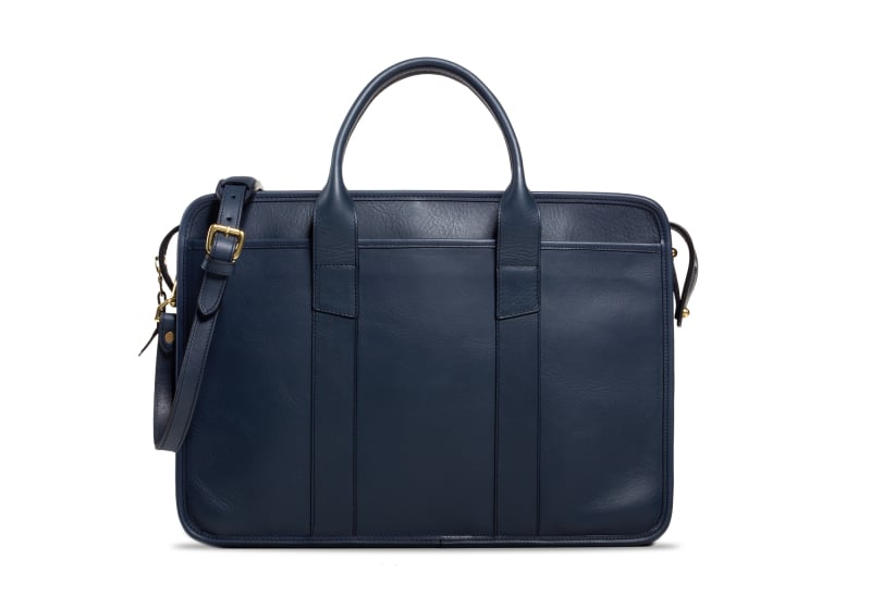 Bound Edge Zip-Top Briefcase -Navy in smooth tumbled leather