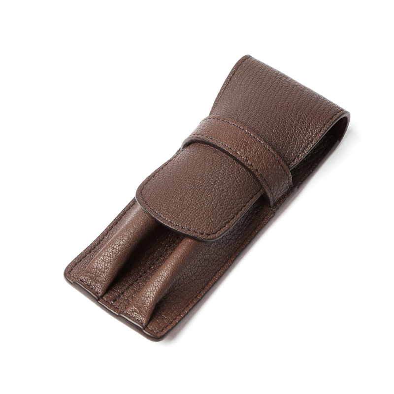 Double Fountain Pen Case-Chocolate in goat skin