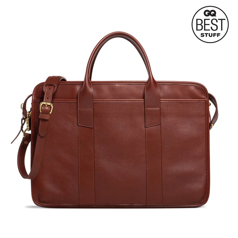 Bound Edge Zip-Top Briefcase  in smooth tumbled leather