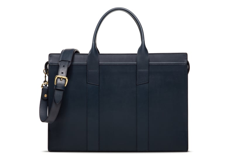 Zip-Top Briefcase-Double-Navy in harness belting leather