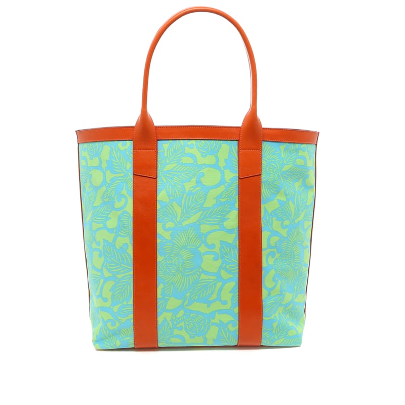 Tall Tote - Light Green/Light Blue Floral - Orange Trim in 