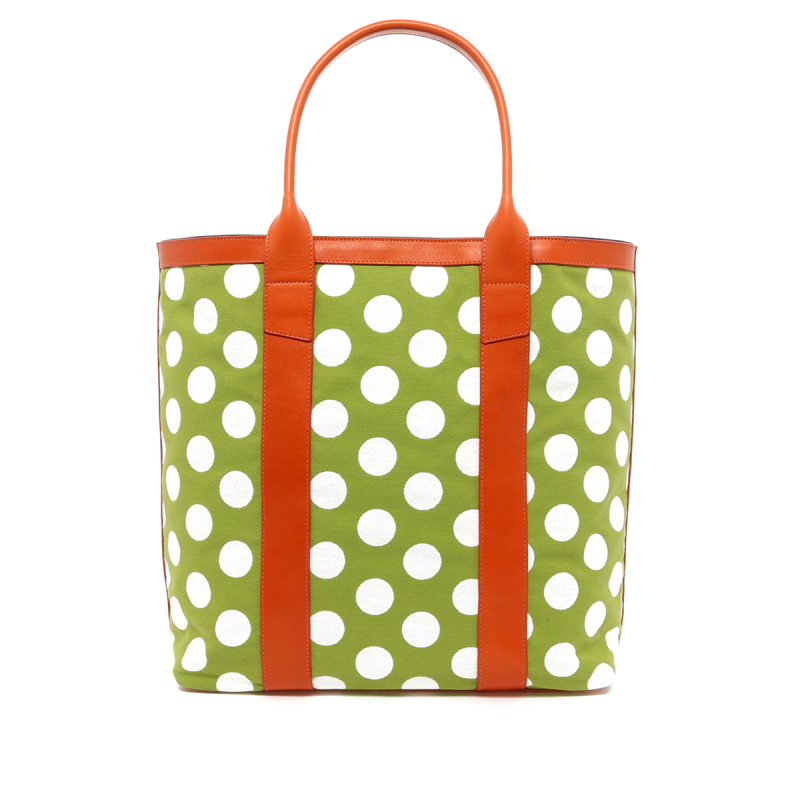 Tall Tote - Light Green/White Polka Dots - Orange Trim in 
