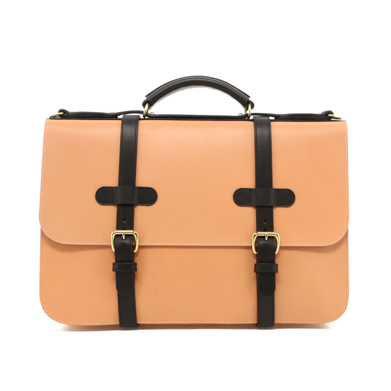 English Briefcase - Natural/Black Trim - Belting Leather in 