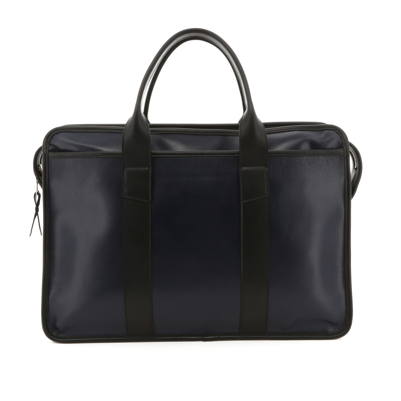 Bound Edge Zip-Top Briefcase - Navy/Black - Goatskin in 